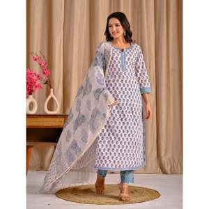 White Grey Butta <b>Block</b> <b>Printed</b> Cotton Kurta Pant Set Long Ethnic Traditional for Ladies Girls for Parties Special Occasions Net - Product Image 3