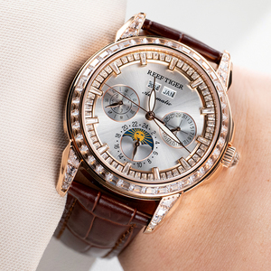 Reloj mecánico multifuncional de lujo Reef Tiger para hombre, relojes clásicos automáticos luminosos de cuero con diamantes de oro rosa RGA1988 - Product Image 3