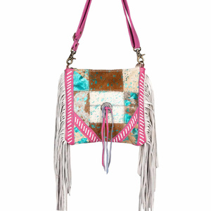 Bolso de cuero hecho a mano de piel de vaca genuina para mujer con flecos estilo cruzado Handon Fur Rattan Casual moda occidental cierre de cremallera - Product Image 1