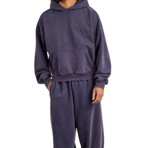 Purple <b>Grey</b> Acid Washed Hoodie Tracksuit <b>Men</b> Oversized Fleece Pullover <b>Sweatshirt</b> Jogger Pants Set Minimal Streetwear Winter - Product Image 6