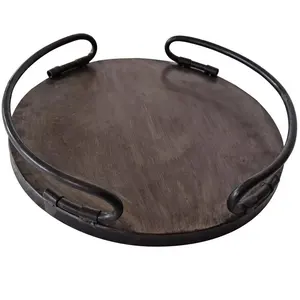 Bandeja redonda de metal negro con base de madera, perfecta para exhibir jarrones, mesa de comedor elegante para servir y decoración del hogar, uso de la India - Product Image 1