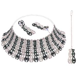 Indian Gold Plated Silver Jewelry Set <b>Crystal</b> Rhinestone Choker <b>Necklace</b> Earring and Mang Tikka for Weddings and Parties - Product Image 5