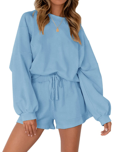 Conjunto de 2 piezas al por mayor, sudadera de verano sencilla a la moda con logotipo bordado hecho a medida y conjuntos informales de manga corta para mujer - Product Image 1