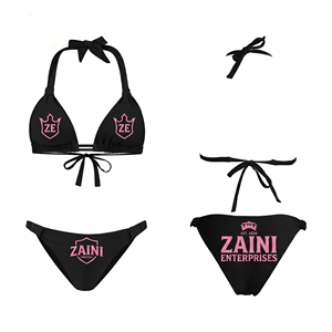 Conjunto de Bikini Negro de Poliéster Premium de 280 GSM, con Logotipo Impreso Digital Personalizado, Botones, Cintura Alta, Escote Pronunciado, Relleno Extraíble y Ajustable - Product Image 1