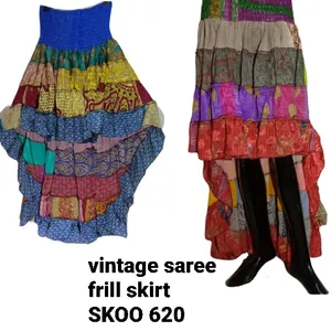 빈티지 Saree 프릴 스커트 집시 Boho 인도 실크 여성 의류 Boho saree 스커트 히피 집시 스커트 패치