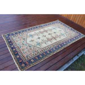 Alfombra Turca Vintage, Alfombra de Lana Azul Camuflaje de 3.7x6.6 pies - Product Image 2