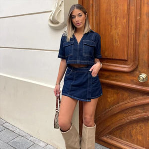 Falda de <span class=keywords><strong>traje</strong></span> de mezclilla de trabajo, trajes de mezclilla de manga corta con cuello en V de verano <span class=keywords><strong>para</strong></span> <span class=keywords><strong>mujer</strong></span> - Product Image 6
