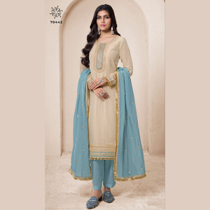 Presentación exclusiva de organza viscosa bordada con rayas Zari, colecciones de trajes de uso étnico pesado, venta al por mayor por Royal Export - Product Image 2