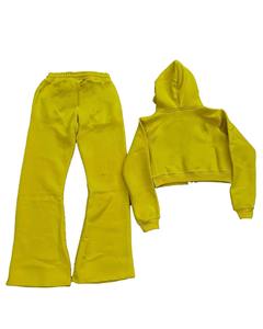 2025 Wholesale Logo Embroidery <b>Cropped</b> <b>Zip</b> <b>up</b> Hoodie and Jogger Sweatpants Set Sweat Suit Flare Sweatsuit Tracksuit for Women - Product Image 2