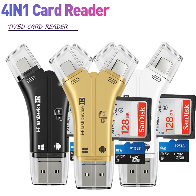 OEM SD Card Reader for Phone/pad/Android/Mac/Computer/Camera 4 In1 Micro SD Card Reader Trail Camera Portable Memory Card Reader