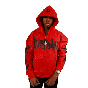 Custom Logo Wholesale Oversized <b>Black</b> Zipper Hoodie for <b>Men</b> 100% Cotton High Quality GSM Streetwear Allover Rhinestones Hoodie - Product Image 1