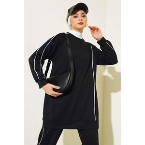 Stripe Detailed Double <b>Yarn</b> Tunic 2 Piece Set <b>Black</b> - Product Image 2