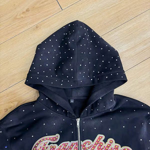 Sudadera con Capucha Personalizada, Estilo Vintage, Oversize, con Estampado Gráfico de Diamantes, Felpa Francesa, Sin Bolsillos, Sin Cordones, Efecto Desgastado por el Sol, con Cierre y Pedrería - Product Image 3