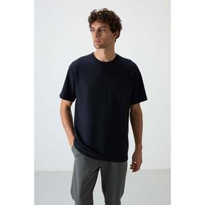 Navy Blue Oversize Fit Basic Men's <b>Waffle</b> Interlock Textured T-<b>Shirt</b> 100% Cotton-88379 - Product Image 6