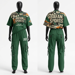 Conjunto de camiseta gráfica verde de algodón premium de 200 GSM y pantalones cargo para mujer, suave, transpirable, con logo personalizado. - Product Image 4