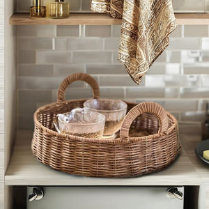 Plateau en rotin rond Roscoe avec poignées-Organisateur de vanité et accessoire de salle de bain | Nettoyage ponctuel uniquement | Vente en gros 2025 de Tienphong - Product Image 1