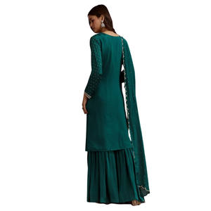 Venta al por mayor verde azulado Cutdana Lentejuelas Kurta Sharara con Dupatta para la recepción festiva del banquete de boda y pedidos étnicos personalizados - Product Image 4