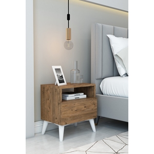 White Legged Wooden <b>Nightstand</b> - Side Table with Door and Open Shelf - Product Image 2