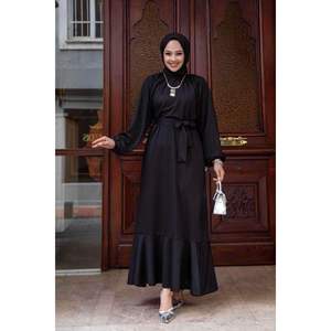 High Quality Black Satin Hijab Dress Embroidered Flounce <b>Skirt</b> Modest Muslimah Straight <b>Plus</b> <b>Size</b> High Collar-Available Solid - Product Image 2