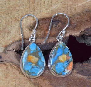 Women's <b>Sterling</b> <b>Silver</b> Bohemian Peace Shape Turquoise Bezel Set Earrings for Anniversary Daily Wear Manauafacaters - Product Image 3