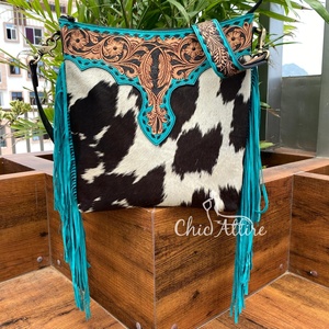 Handcrafted Cowhide & Tooled Leather Bag with Turquoise Fringe Accents Trendy High Quality Zipper Crossbody Hand Bag For Women - Product Image 1