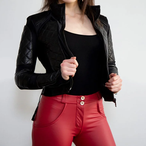 Elegante chaqueta de piel de vaca auténtica para mujer, tela de lona tejida de alta calidad, cremallera personalizada, logotipo frontal, diseño de moda - Product Image 5