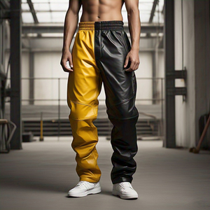 Noir jaune taille élastique pantalon en cuir hommes en plein air Style de rue en cuir PU pantalon pantalon hommes personnalisé en cuir panneau pantalon hommes - Product Image 5