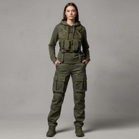Ensemble de survêtement technique personnalisé pour femme, vert olive, pantalon cargo multi-poches, gilet tactique, sweat à capuche, streetwear utilitaire 100%