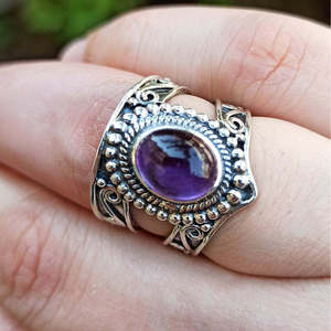 Handmade Amethyst Silver <b>Ring</b> Boho Purple Gemstone Inlay Jewelry <b>Statement</b> Gift for Her Birthday Anniversary Valentine's Day - Product Image 1