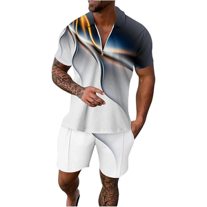 <b>Men's</b> Graphic Print Zipper Shirt & Shorts Set Wholesale High Quality <b>Men's</b> <b>Loungewear</b> Streetwear Matching Set - Product Image 1