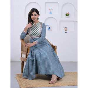 Vestido Anarkali Clásico Azul de Algodón con Estampado de Bloques y Corte en A - Product Image 6