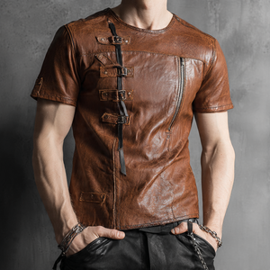 เสื้อยืดหนังแฟชั่นคอกลมสำหรับผู้ชายเสื้อยืดลำลองแขนสั้นเสื้อยืดหนังแท้สำหรับผู้ชาย - Product Image 3