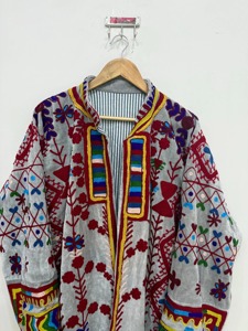 Bohemian Floral Embroidered Cotton <b>Jacket</b> <b>Mandarin</b> <b>Collar</b> Batwing Sleeve Long Loose Vintage Style Spring Wear Unisex - Product Image 5