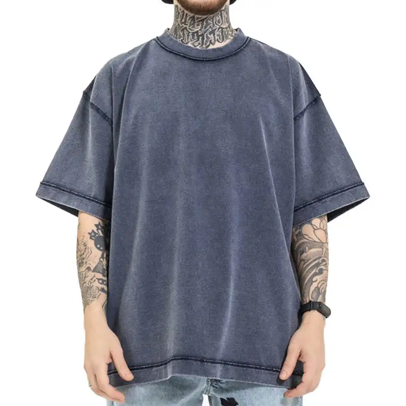 Streetwear oversize boxy drop shoulder vintage Wash reverse camiseta en blanco hip hop al revés camiseta