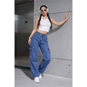 Jeans Cargo de Mezclilla Azul Piedra Y2K de Cintura Alta, Elásticos, Multibolsillos, Ajuste Holgado, Estilo Urbano, Modernos, Ecológicos y Duraderos - Product Image 6