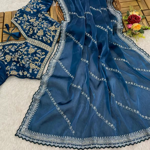 Hermoso Sari de seda suave con lentejuelas de trabajo y borde, blusa cosida, Sari de función de boda de diseñador, Sari de fiesta. - Product Image 1