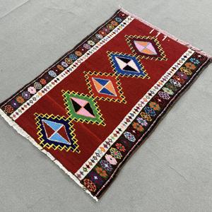 Vintage Turkish Rug 2.8x3.8 ft, <b>Red</b> Bordered <b>Wool</b> Rug - Product Image 2