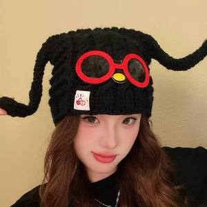 Gorro de punto jacquard de algodón hecho a mano con diseño de cachorro y gafas, cálido, con protección para las orejas, para mujer, otoño-invierno, hilo común - Product Image 2