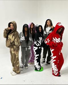 Chándal personalizado para mujer, Conjunto de sudadera con capucha y pantalones de chándal lavados con ácido, pantalones de chándal bordados con parches desgastados, chándal - Product Image 3