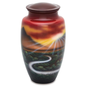 Thème de coucher de soleil de montagne Design imprimé Belle urne de crémation en métal pour adultes pour cendres humaines Urne photo faite à la main - Product Image 1