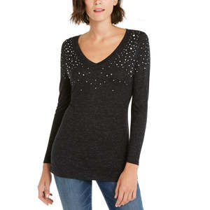 INC International Concepts Top casual da donna con scollo a V, in tessuto lavorato a maglia nero, con logo geometrico ricamato, taglia X-Small - Product Image 1