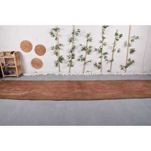 Turkish Rug, 3.37x15.3 ft Runner Rug, <b>Brown</b> Floral <b>Wool</b> Vintage Rug - Product Image 2