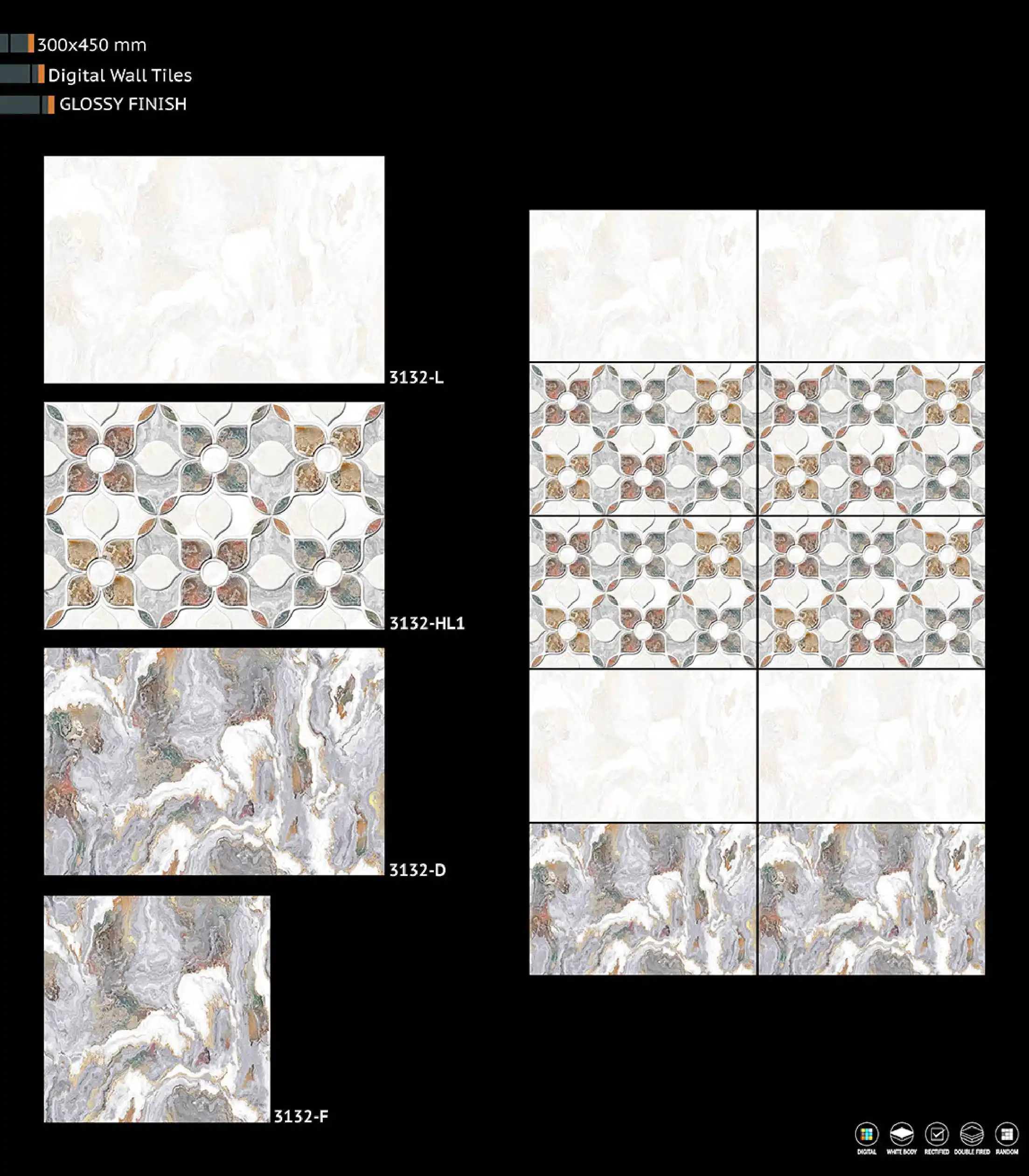 Ubin Dinding Desain Cetak Digital Super Putih Konsep Multi Warna 300X450Mm dengan Permukaan Mengkilap untuk Kamar Mandi Dekoratif