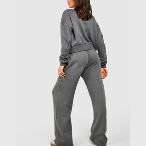 OEM recortada cremallera superior chándal y joggers de pierna ancha mujeres conjunto de dos piezas Fitness gimnasio deportes chándal mujeres 2 piezas conjunto - Product Image 5