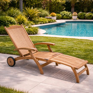 Fauteuil de relaxation moderne en teck avec roulettes - Fauteuil inclinable pliable ergonomique pour l'extérieur, écologique, de qualité supérieure, pour hôtel, bord de piscine - Product Image 4