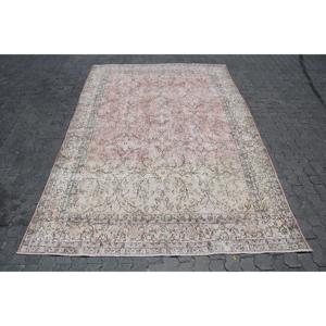 Vintage Turkish Rug, 7.1x10.2 ft Oversize Rug, <b>Pink</b> Gray Solid Rug - Product Image 1