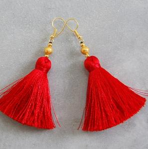 Silky <b>Red</b> Tassel <b>Earrings</b> Fringe Tassel <b>Earrings</b> - Gold - Long - Product Image 1