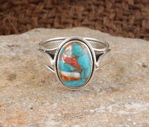 Bague en argent terni de Style Vintage fait à la main avec huître cuivre Turquoise pierre précieuse forme ovale bague de mariage en pierre pour les femmes - Product Image 1