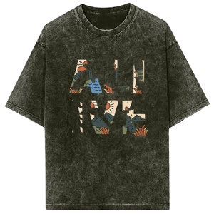 T-shirt surdimensionné en coton délavé à l'acide, de haute qualité, pour homme, noir, style streetwear, 300 g/m², effet usé. - Product Image 1