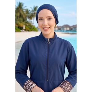Traje de Baño Burkini de Tres Piezas con Estampado de Leopardo Azul Marino, Talla XL, Pantalones de Cintura Alta, Decoración Fruncida, Tejido Transpirable, Compatible con Hiyab - Product Image 5